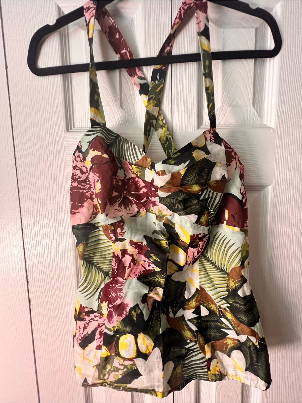 CAbi Floral Cotton/Silk Crisscross Strap Tank Top - Size 8